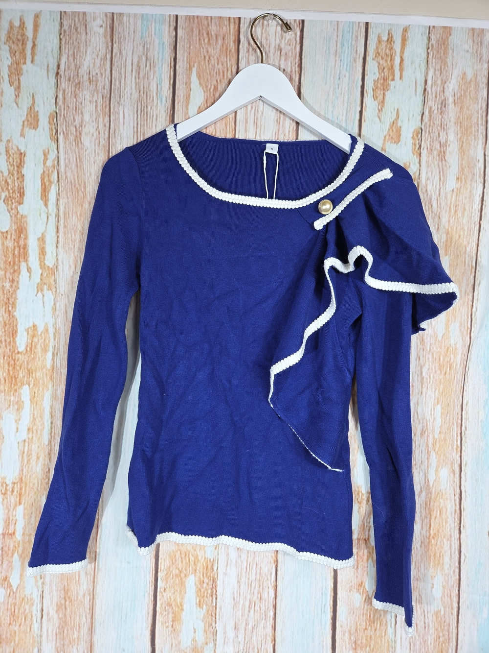 Valanio Women’s Royal Blue Long-Sleeve Ruffle Trim Top.